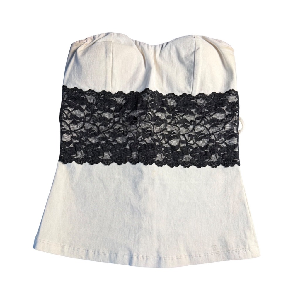 Vintage Y2K Fashion Magazine Strapless Corset Top M Cream Black Lace Y2K Indie⁠